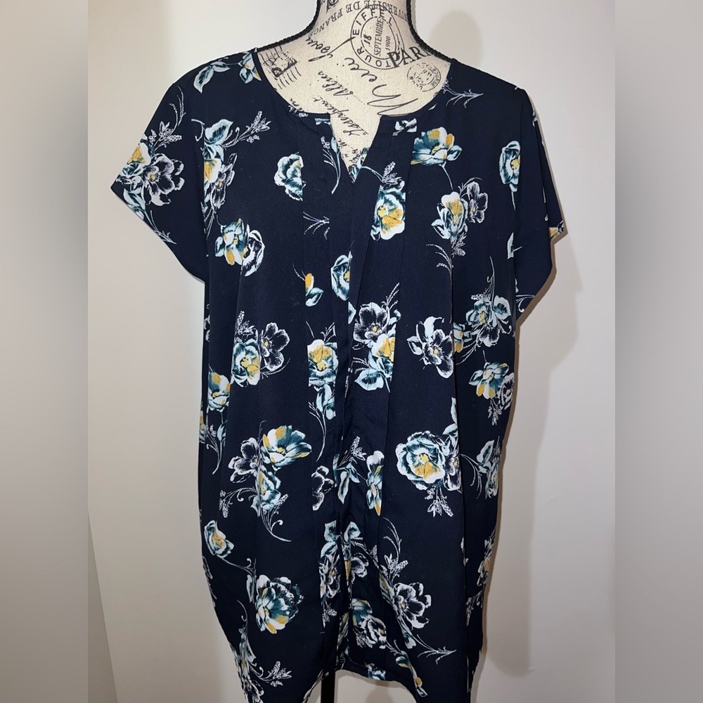 Croft & Barrow Navy Floral Blouse Teal Yellow Print Short Sleeve Top 2X